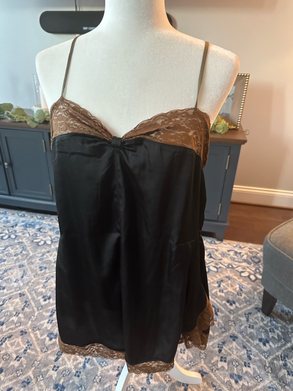 Black Satin Chemise with Brown Lace Trim